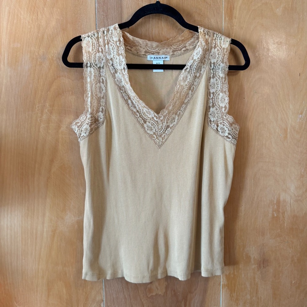 Hannah Tan Ribbed Knit Lace Trim V-Neck Tank Top Sleeveless Medium
